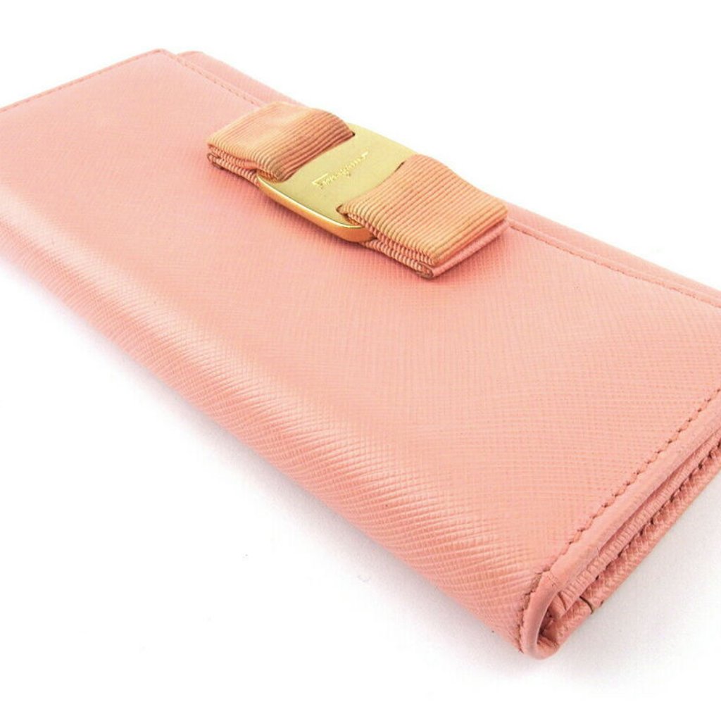 Authentic Salvatore Ferragamo Long Wallet Vara Ribbon Pink Leather Used